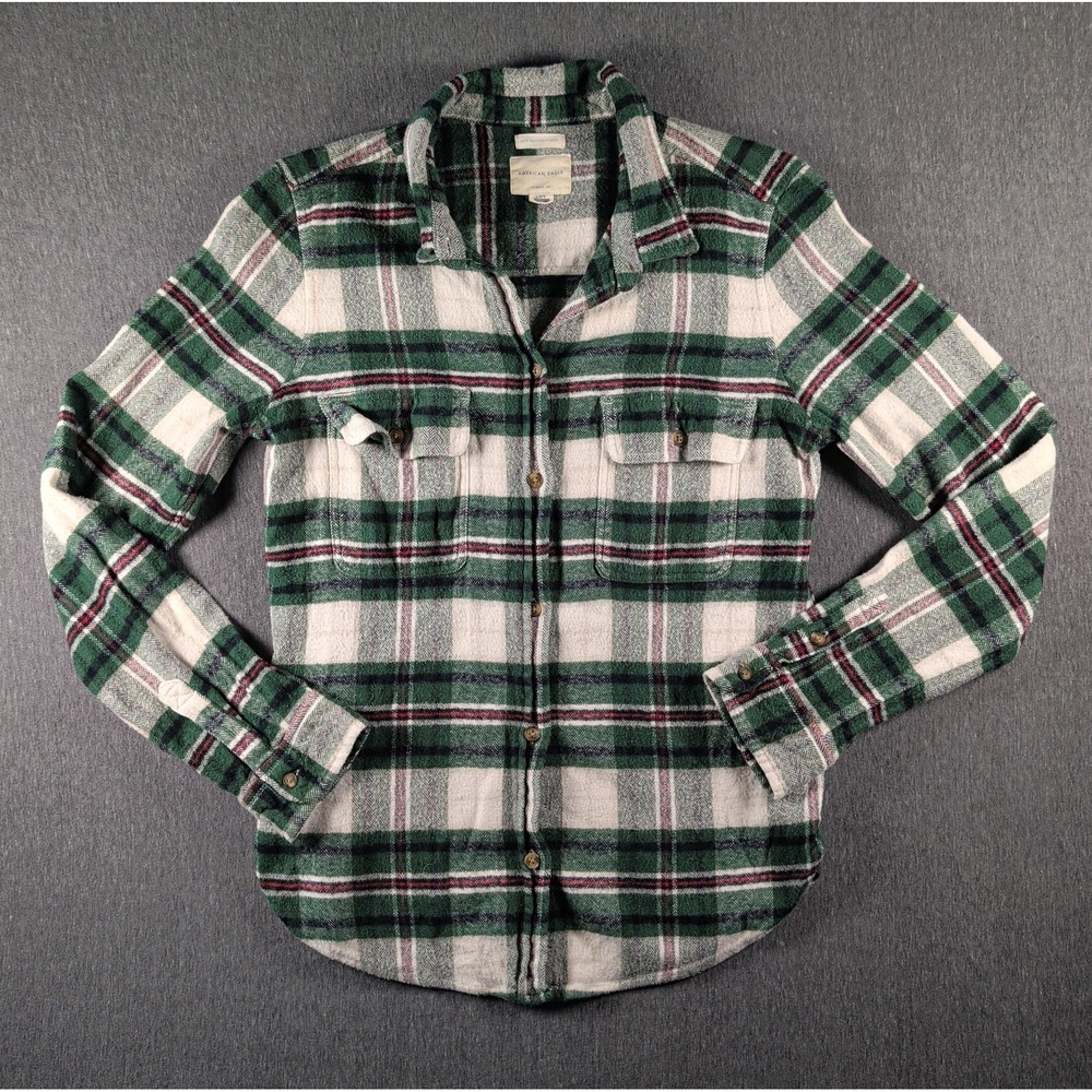 AMERICAN EAGLE Ahh-mazingly Soft Green Plaid Flannel Button Up Large Slim Fit